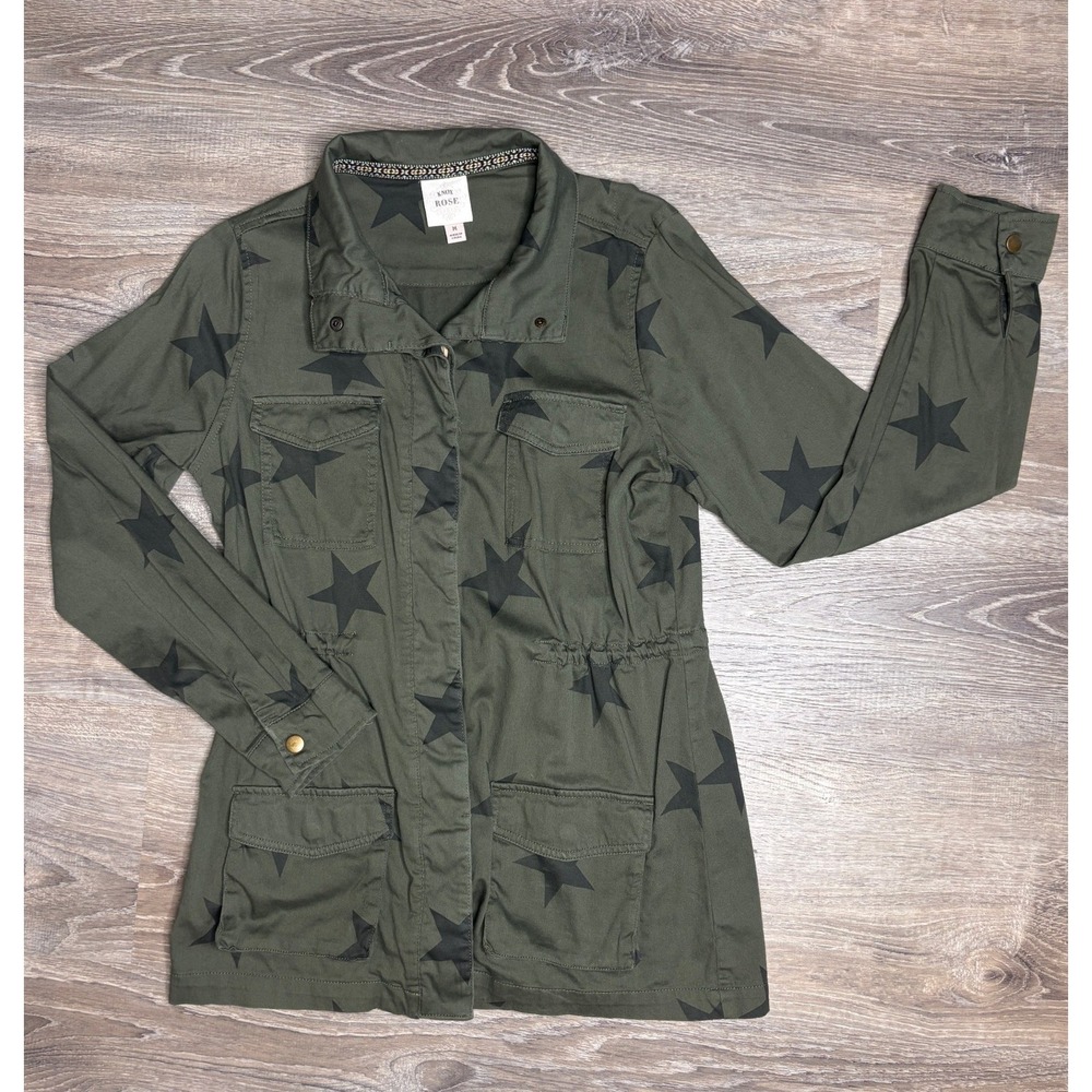 Knox Rose Womens Olive Green Star Print Utility Jacket Military‎ Coat Medium